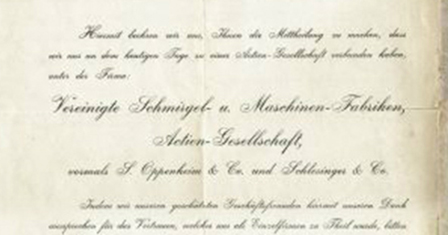 Certificado de fusión que dio origen a la moderna Vereinigte Schmirgel- und Maschinen- Fabriken AG